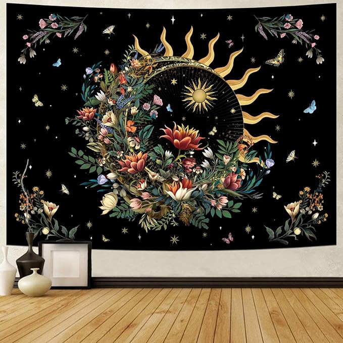 Racunbula Floral Plants Tapestry Sun and Moon Tapestry Retro Botanical Flowers Butterfly Tapestries Black Starry Sky Wall Poster Vintage Boho Aesthetic Tapestries Wall Hanging for Bedroom