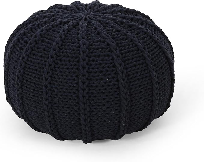 Round Pouf Ottoman, 18" Bordeaux Knitted Cotton Woven Round Pouf, Handmade Woven Bean Bag for Living Room, Floor Bag for Bedrooms, Home, Offices, Sofa Footrest (Deep Blue)