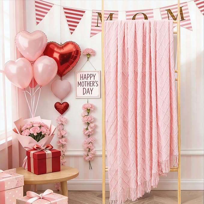 inhand Pink Knitted Throw Blanket for Couch Bed,Mothers Day/Mom Birthday Gifts for Mom from Daughter Son,Romantic Decor for Her Him Girlfriend Wife, Farmhouse Warm Woven for Women,50"x60"
