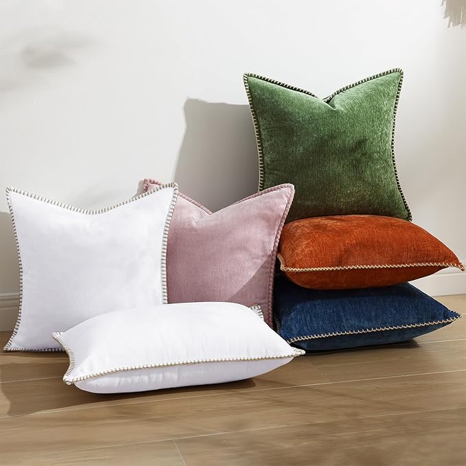 decorUhome Summer Chenille Soft Cozy Throw Pillow Covers 12x20 Set of 2, Modern Farmhouse Boho Velvet Decorative Pillow Cases with Stitched Edge for Couch Sofa Bed Home Decor, White