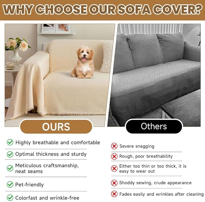 ROOMLIFE Boho Beige Couch Cover for Dogs, Washable Non Slip Furniture Protector Couch Sofa Covers for 3 Cushion Couch, Soft Breathable Sofa Slipcovers Couch Cover Throw Blanket with Tassels71''X134''