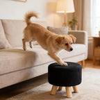 Asense Small Round Ottoman Foot Rest Stool Fabric Padded Seat Footstool Ottoman with Anti-Slip Wooden Legs (Black,Fabric)