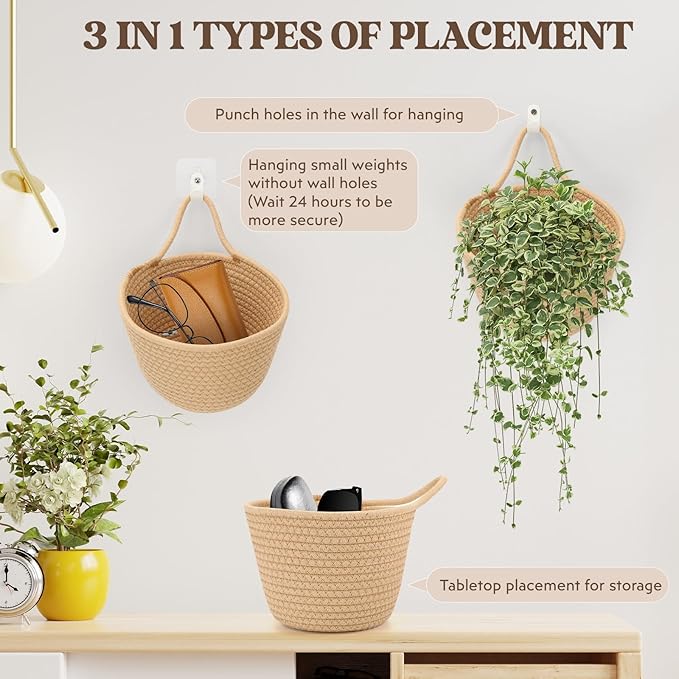 Boho Woven Wall Hanging Baskets - 2 Pack Fabric Storage Organizers with Adhesive Hooks, Rustic Jute Basket Set for Plants & Vegetables, Perfect for Living Room, Porch & Entryway Decor