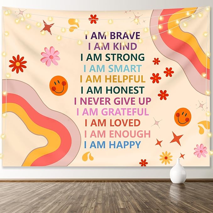 KJHL Rainbow Motivational Tapestry Wall Hanging Quote Positive Affirmations Saying Inspirational Classroom Tapestries Aesthetic Boho Kids Room Decor for Bedroom Living Room Dorm (44" x 60")