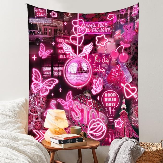 XL Pink Neon Tapestry for Bedroom Aesthetic Retro Blacklight Tapestry Glow in the Dark Ceiling Tapestries Wall Hanging Black Light Poster UV Reactive Extra Large Fabric Wall Hanging Tapestries 71”x90”