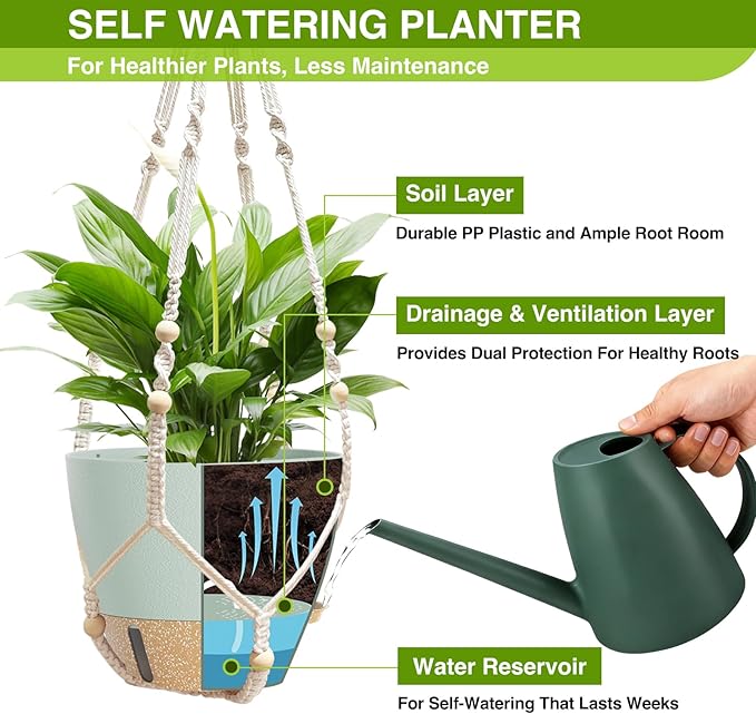 Set of 2 Hanging Planters for Indoor Plants with Self Watering Includes Hanging Pots and 2 Types Plant Hangers, Outdoor Hanging Baskets Holder for Home Garden, 10 Inch Sage Green