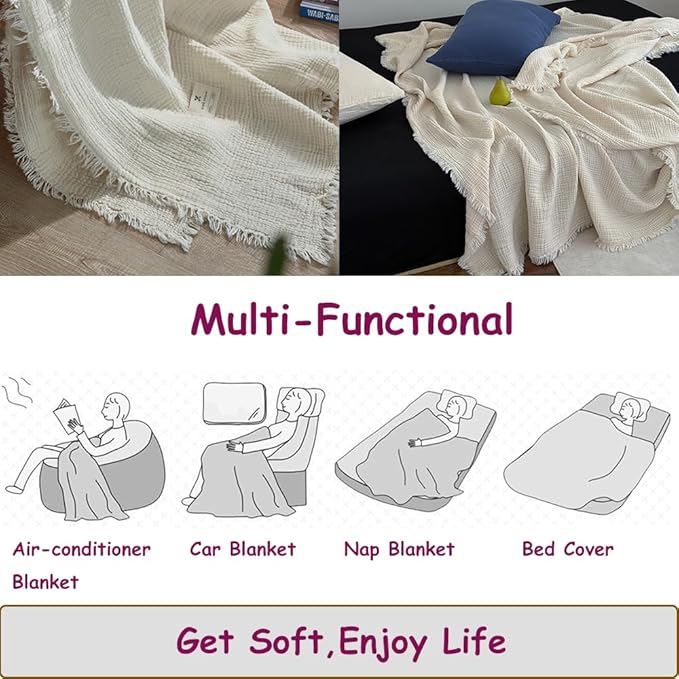 100% Cotton 4-Layer Muslin Blanket with Fringes, 80"x90", Beige Bed Blanket, Ultra-Soft Gauze Boho Bedding for All Seasons, Breathable for Couch, Bed(Beige,Queen)
