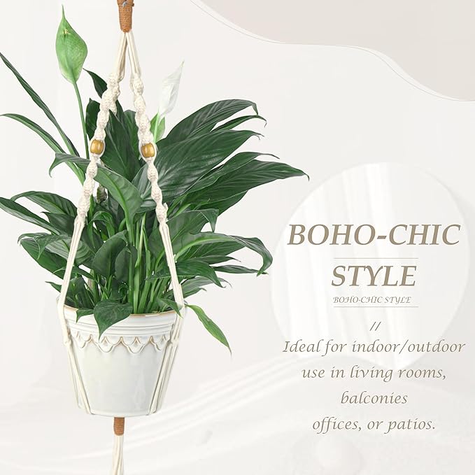 BB FUN HOUSE Macrame Plant Hanger Indoor Hanging Planter Basket with Wood Beads Decorative Flower Pot Holder No Tassels for Indoor Outdoor Boho Home Decor 35 Inch (POTS NOT Included)