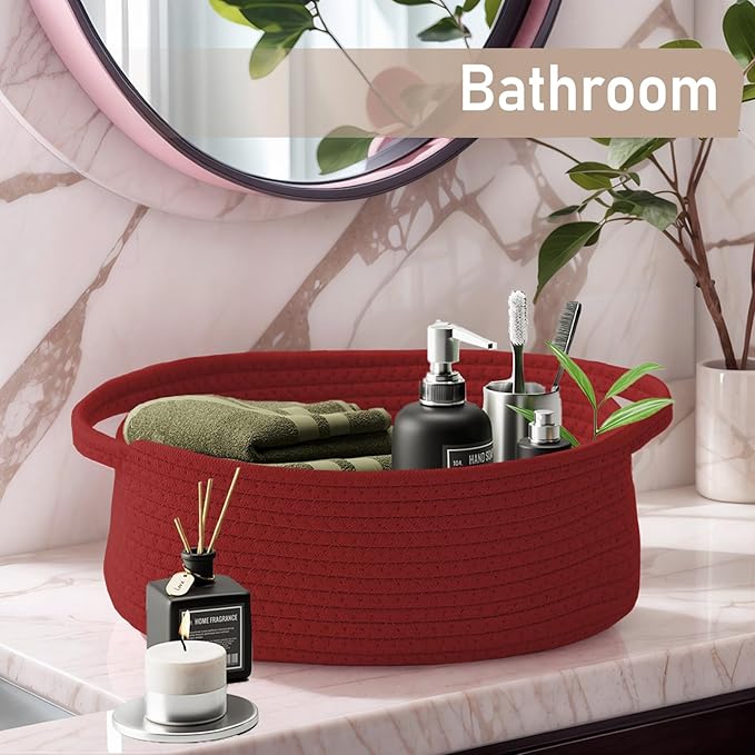 Woven Basket,Small Rope Storage Bin with Handles & Ribbon Bag, Organizer for Shelves Closets,Gift Basket Empty for Birthday,Books,Dog Toys, Red/2 Pack