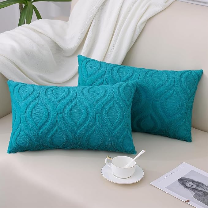 decorUhome Cozy Textured Throw Pillow Covers 12x20 Inch Set of 2, Soft Plush Faux Wool Teal Accent Couch Pillow Covers for Modern Farmhouse Sofa Bed Living Room