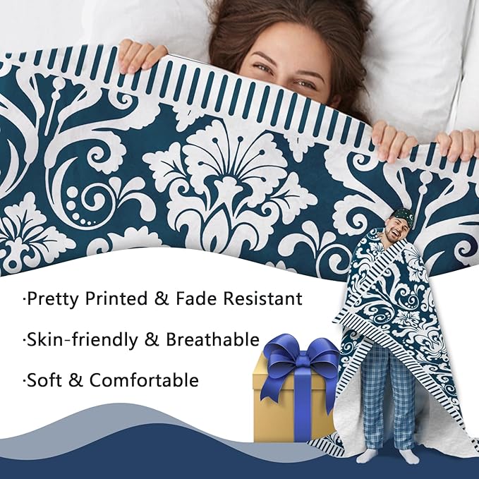 Vintage Victorian Damask Floral Flannel Throw Blanket, Blue White Flowers Birthday Gifts for Kids Men Women, Retro Elegant Soft Blankets for Bedding Sofa 50" x 60"