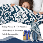 Vintage Victorian Damask Floral Flannel Throw Blanket, Blue White Flowers Birthday Gifts for Kids Men Women, Retro Elegant Soft Blankets for Bedding Sofa 50" x 60"