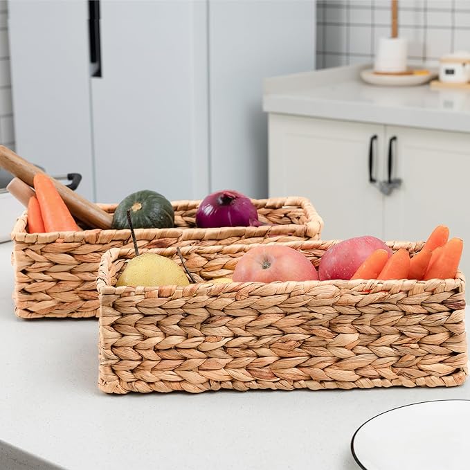 Small Wicker Baskets 2 Pack, Hand Woven Toilet Basket Tank Topper, Toilet Tank Basket for Bathroom Organizing, Water Hyacinth Storage Baskets for Toilet Paper (14.4"Lx6.1"Wx4.4"H)