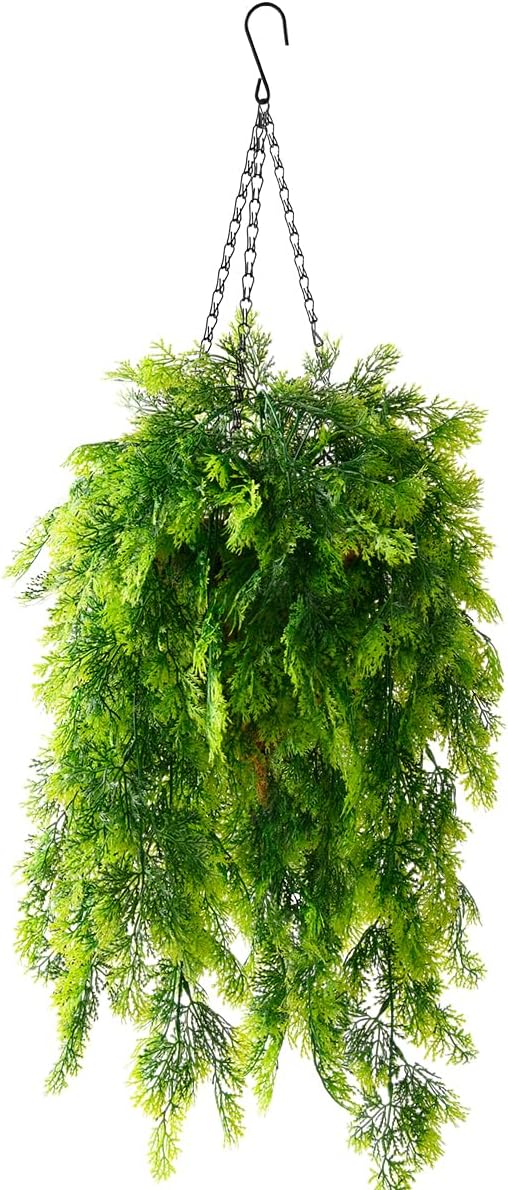 Artificial Faux Hanging Plants Basket for Spring Outdoor Summer Decoration, Fake Seaweed Plant UV Resistant Look Real for Outside Porch Home Patio Balcony Yard(Dark Green)
