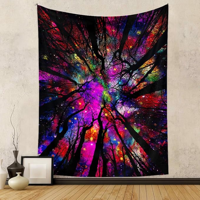 Blacklight Galaxy Forest Silhouette Tapestry for Bedroom Night Sky Ceiling Tapestry for Bedroom Decor Dark Forest Stars Tapestries Glow in the Dark Starry Night Tapestries UV Reactive Dorm Decor 60x80