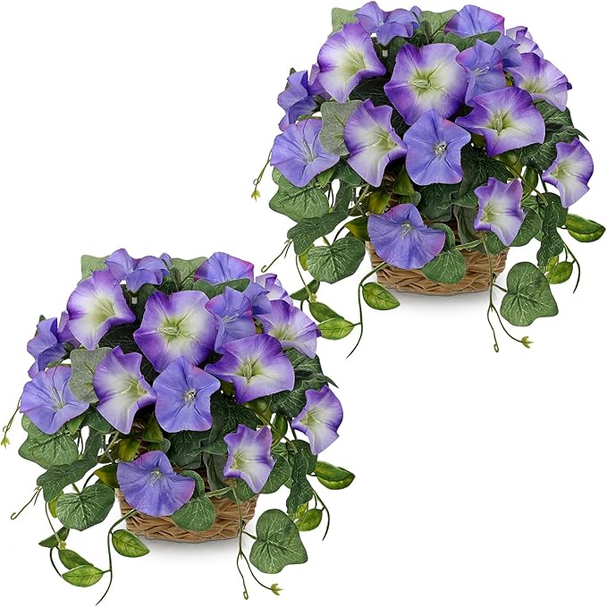 Briful 2 Pack Fake Morning Glory with Handwoven Basket - 8.2" Faux Potted Flowers Silk Floral Table Centerpiece for Home Office Room Shelf Desk Decor