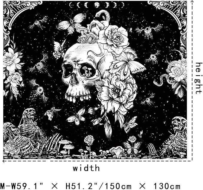Black and White Gothic Tapestry for Bedroom Aesthetic, Skeleton Goth Witchy Tapestries Wall Hanging, Skull Floral Poster Backdrop for Living Gaming Room Dorm Decor 51in X 60in