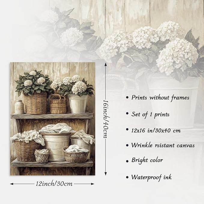 Dazzlewall Laundry Room Wall Art Decor Unframed, Rustic Vintage Floral Woven Basket Artwork Print for Laundry Bathroom Retro Farmhouse Botanical Bathroom Wall Decor, 12x16 in
