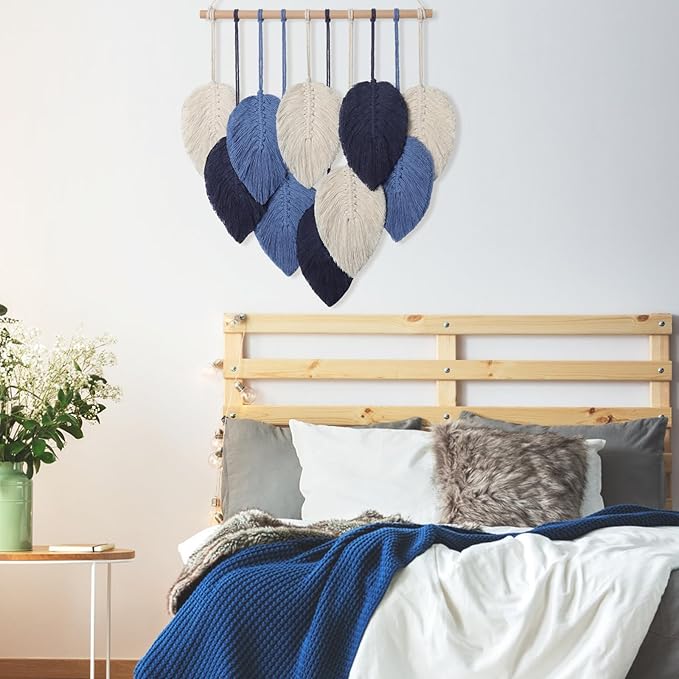Weldomcor Macrame Wall Hanging Leaves Chic Woven Leaf Tassels Decoration Cotton Ornaments Tapestry Room Decor Modern Bohemian Handmade Feather Wall Art Decorations for Apartment Backdrop (Navy Blue)