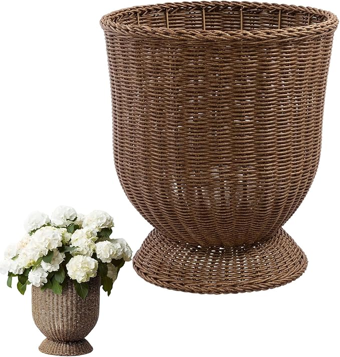 12 Inch Hand Woven Rattan Planter Pot with Stand - Large Decorative Basket for Indoor Plants, Flowers, and Storage - Boho Home Decor for Living Room, Patio, and Entryway (Brown)