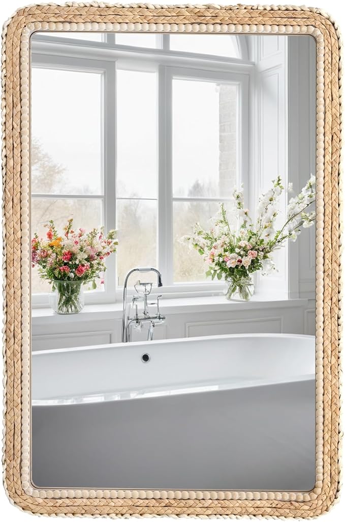 FUIN 24x36 Large Wall Mirror, Wood Frame with Braided Seagrass and Wooden Bead, Vertical & Horizontal Coastal Mirror for Bathroom