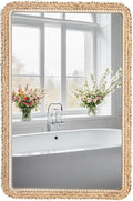 FUIN 24x36 Large Wall Mirror, Wood Frame with Braided Seagrass and Wooden Bead, Vertical & Horizontal Coastal Mirror for Bathroom