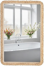 FUIN 24x36 Large Wall Mirror, Wood Frame with Braided Seagrass and Wooden Bead, Vertical & Horizontal Coastal Mirror for Bathroom