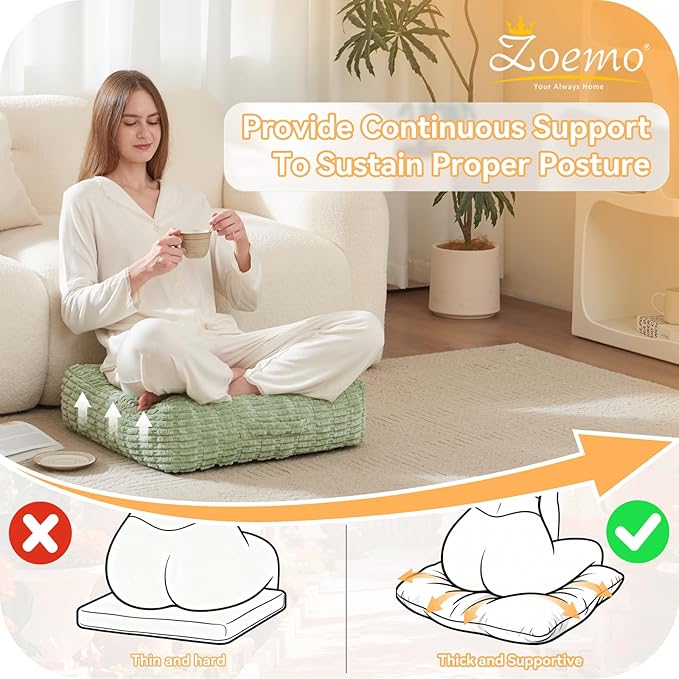 Floor Pillow Cushion for Adults, Meditation Cushion Pillow, Large Square Floor Sitting, for Tatami Living Room or Yoga, 22x22 Inch