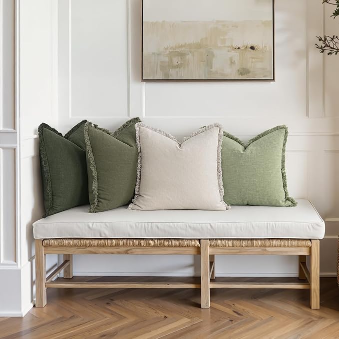 MIULEE Decorative Couch Pillow Covers Neutral Linen Fringe Throw Pillows Set of 4 Boho Farmhouse Soft Accent Cushions for Bed Sofa Living Room Spring Home Decor 22x22 Inch Beige/Sage Green
