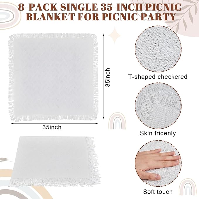 8 Pcs Outdoor Picnic Blanket 35"x35" Boho Blanket Woven Cotton Yarn Portable Mat Plaid with Fringe Washable for Picnic Party Camping Beach Travel Lawn Indoor Bohemia Decor (White)