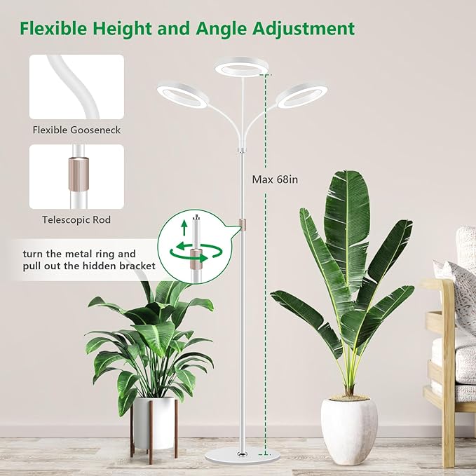 Grow Lights for Indoor Plants, 3 Head Full Spectrum Plant Light with 68" Adjustable Stand for Growing Large Tall Plants, White Halo Floor LED Grow Lamp with 16 Hour Timer