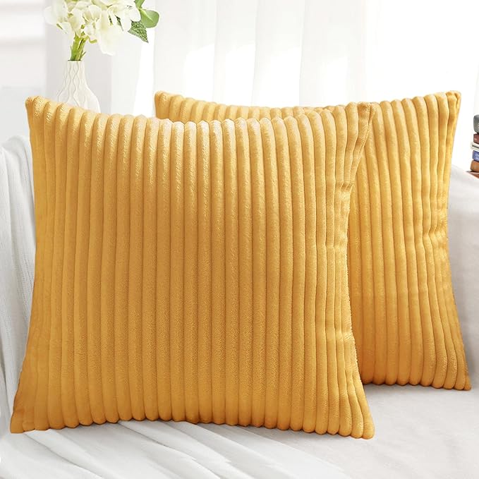 Simmore Decorative Spring Throw Pillow Covers 20x20 Set of 2, Soft Natural Plush Flannel Double-Sided Fluffy Couch Pillow Covers for Sofa Living Room, Mustard Yellow