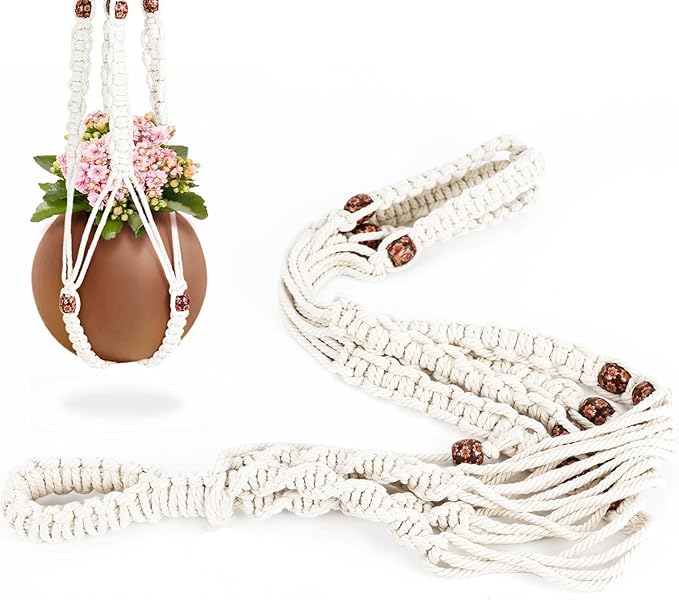 Handmade Macrame Plant Hanger with 2PCS Hooks, Elegant Hanging Plant Holder for Indoor Outdoor Plants, Sturdy Hanging Planters with No Tassel, 33 Inch, Ivory