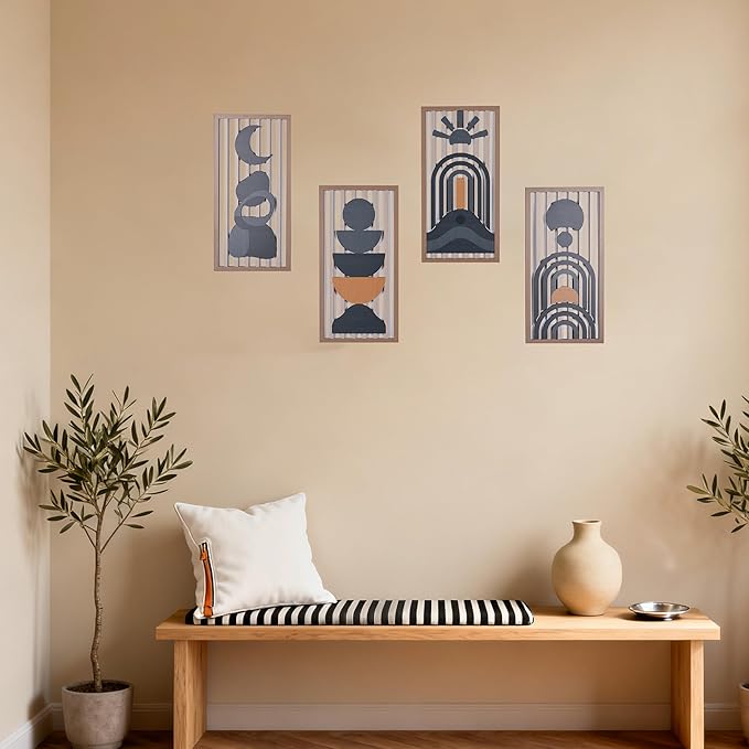 Blue Boho Wall Decor Set of 4, Abstract Blue Wall Art & Wall Decor Blue, Mid-Century Modern Aesthetic Artwork with Arch,Framed Wall Art - 3D Wooden Geometric Wall Sculpture for Bedroom Living Room Office (E)