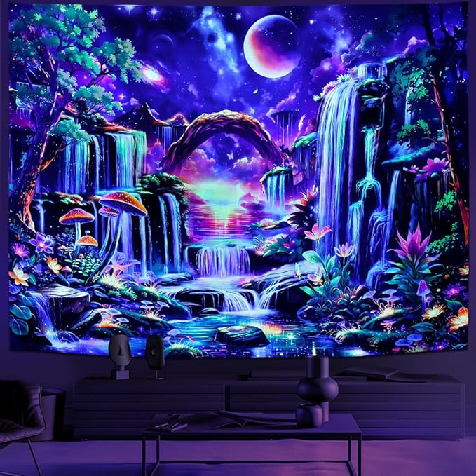 Huzuya Blacklight Fantasy Forest Tapestry Neon Waterfall Tapestries UV Reactive Galaxy Space Tapestry Colorful Floral Plants Tapestries Wall Hanging Backdrop Room Decor for Bedroom