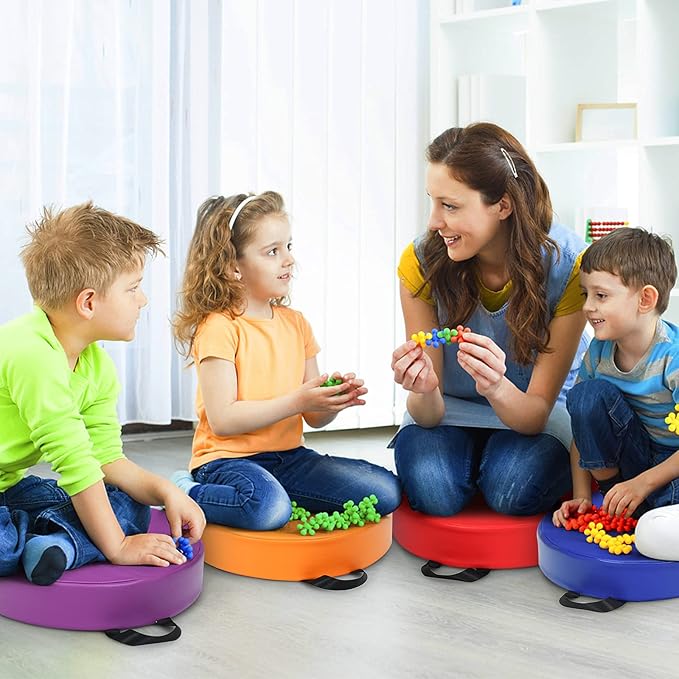 HONEY JOY 6PCS Floor Cushions for Kids, 15 Inch Flexible Alternative Portable Classroom Seating w/Handles, Easy to Clean, 3 Inch Thick Soft Foam Circle Comfy Seats for Daycare Preschool(Round, Red)