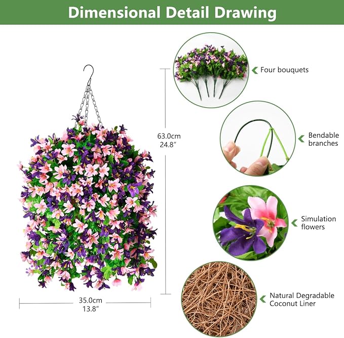 INQCMY Artificial Hanging Flowers in Basket for Outdoor Spring Summer Decoration,4pcs Faux Silk Violet in Planter UV Resistant for Outside Home Patio Garden Porch Deck Decor(Pink Purple)