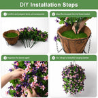 INQCMY Artificial Hanging Flowers in Basket for Outdoor Spring Summer Decoration,4pcs Faux Silk Violet in Planter UV Resistant for Outside Home Patio Garden Porch Deck Decor(Pink Purple)