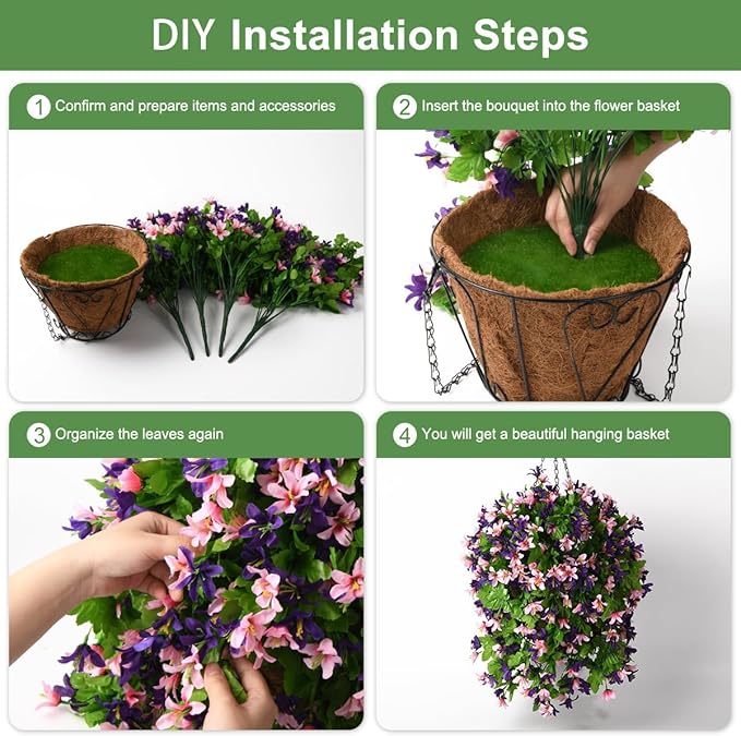 INQCMY Artificial Hanging Flowers in Basket for Outdoor Spring Summer Decoration,4pcs Faux Silk Violet in Planter UV Resistant for Outside Home Patio Garden Porch Deck Decor(Pink Purple)