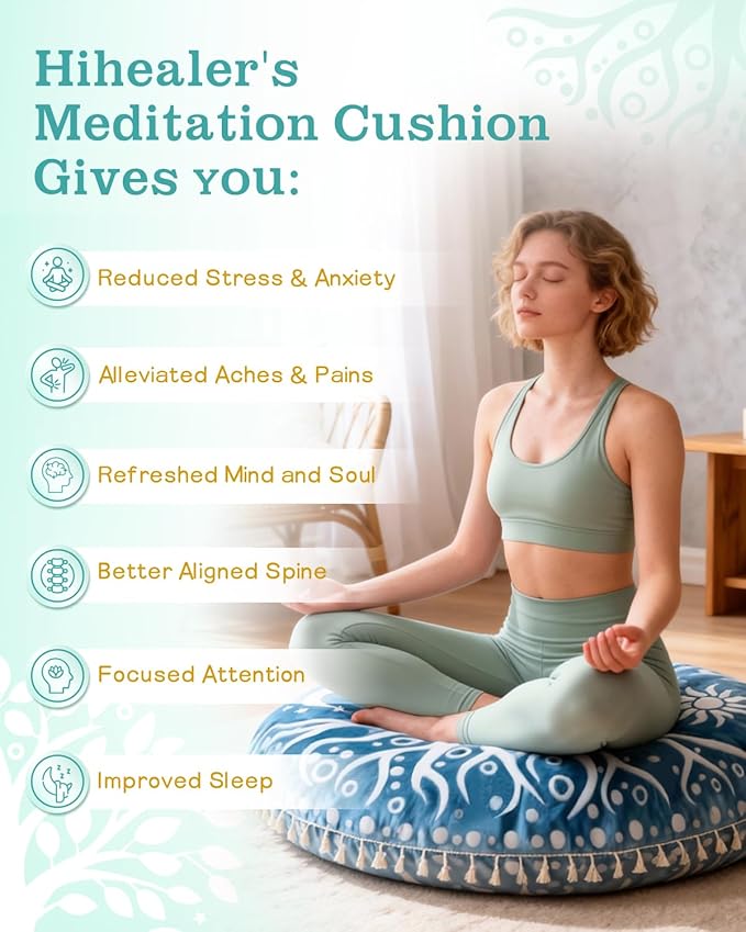 Hihealer Meditation Cushion, Large Velvet Floor Pillow for Yoga, Meditation & Mindfulness, Supportive Memory Foam Bolster (Blue)