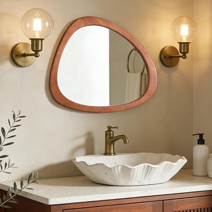 WallBeyond Asymmetrical Mirror, Irregular Wall Mirror for Bathroom, Bedroom, Living Room, Entryway, Hall - Walnut Wood Framed 23" H x 19" W