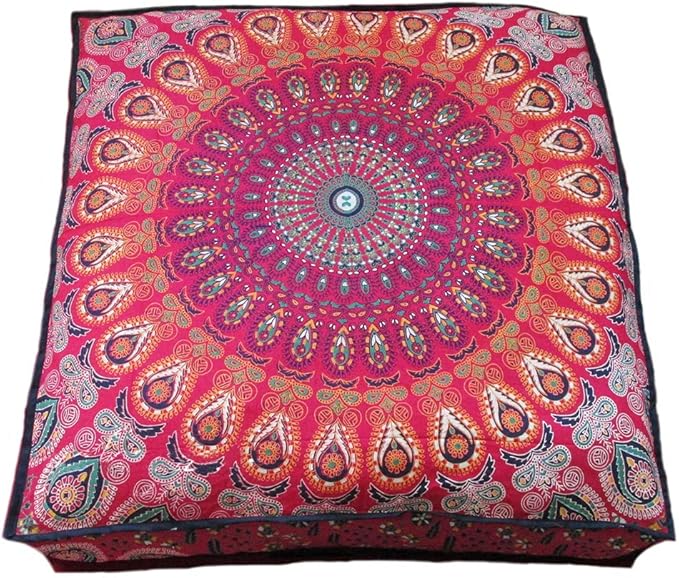 CRAFT KALA Mandala Floor Pillow Cushion Cover Seating Throw Cover Hippie Decorative Bohemian Ottoman Poufs Pom Pom Pillow Cases Boho Indian Cotton Living Room Yoga Home Décor (35" Square, Red Mirchi)