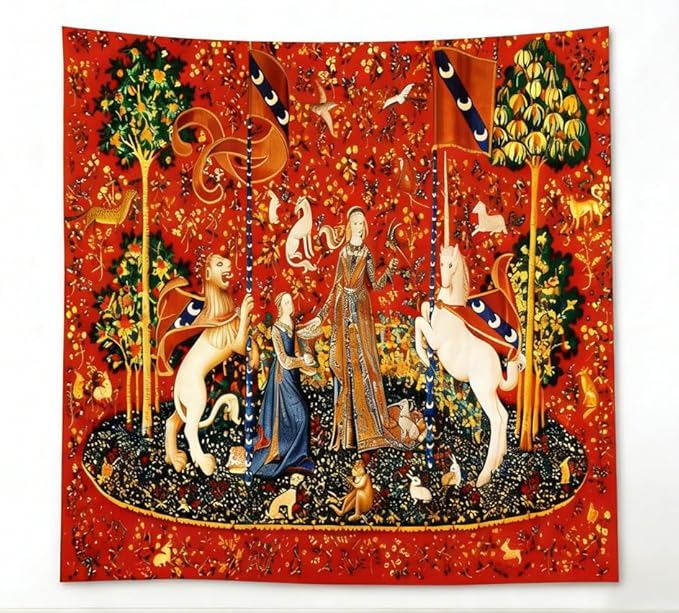 FEASRT Medieval Art Tapestry Maiden and Unicorn Tapestrys European Royal Tapestry, 60x60 Inches Soft Flannelette, for Bedroom Living Room Dorm