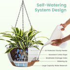 Set of 3-10 Inch Self Watering Hanging Planters for Indoor Outdoor，Hanging Plant Pots with Drainage & Removable Tray, Hanging Pots Holder for Pothos Plant, Ferns, Balcony & Patio,White with Brown