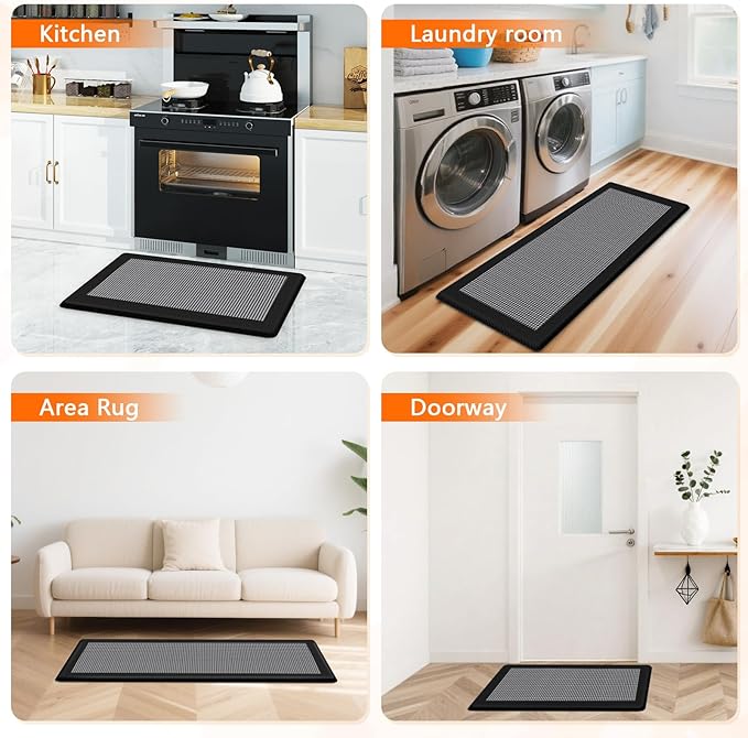 Kitchen Mats, 2PCS Kitchen Rugs for Floor, Cushioned Anti-Fatigue Mats for Kitchen Floor, Non-Slip Standing Desk Mat for Sink, Home, Laundry & Office, 17.3"x30"+17.3"x47" (Black)