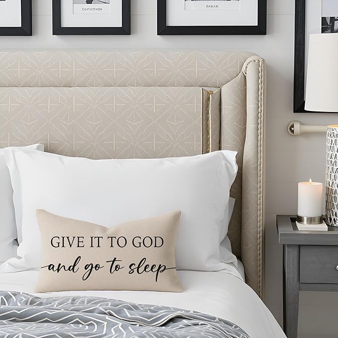 Christian Pillow Covers 12x20 Inch Set of 2 – Warm Cream Lumbar Case – Relax God’s Got This/Give It to God and Go to Sleep – Neutral Faith Throw Pillows Cases for Bed or Couch