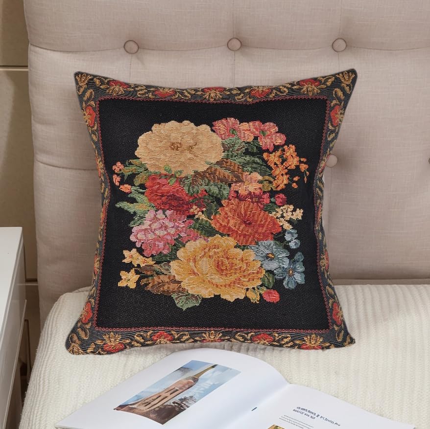 Jacquard Woven Floral Throw Pillow Cover | Vintage Tapestry Decorative Cushion for Sofa Couch Bed Decor | European Classic Home Accent Pillow Sham 16x16 Inch (Multicolored Flowers on Black) - color: Multicolored Flowers on Black