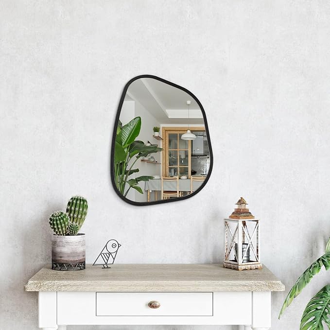 Irregular Bathroom Mirror Modern Oval Wall Mirror Asymmetrical Wooden Framed Wall Mirror Unique Shape Wall Mounted Vanity Artistic Mirror Decor for Living Room Bedroom Entryway Small 16"x12"