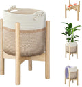 Flower Pot Rattan Plant Stand Planter with Stand, Tall Indoor Boho Woven Wicker Storage Basket with Adjustable Wood Shelf (White & Brown)