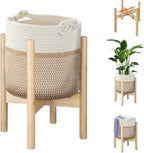 Flower Pot Rattan Plant Stand Planter with Stand, Tall Indoor Boho Woven Wicker Storage Basket with Adjustable Wood Shelf (White & Brown)